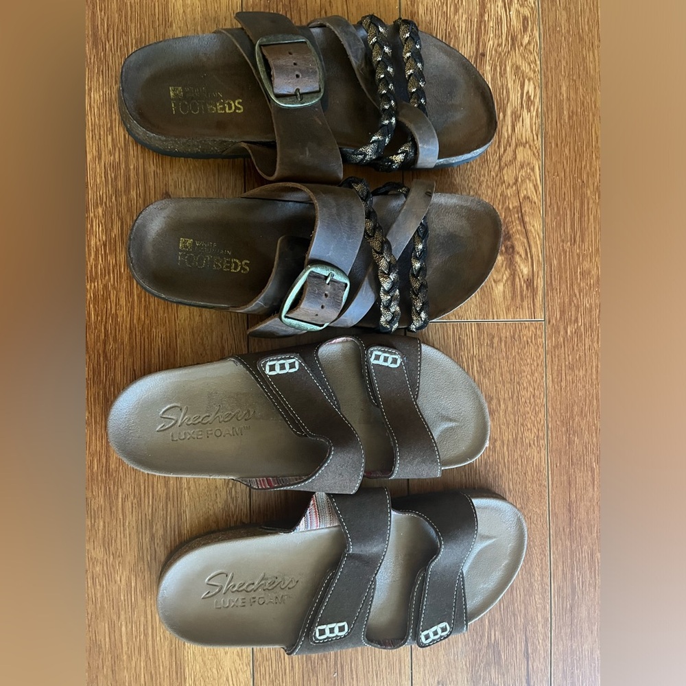 Woman sandals. 2 pairs. Size 10m. Pre-owned. Brown. Sketchers/white mountain.